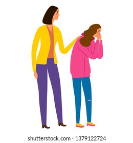 Family Support. Crying Girl Teenager And Mother Helping Her. Cartoon Illustration For Your Design.