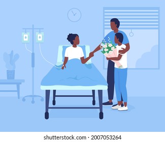 Family support during hospitalization flat color vector illustration. Patient room at clinic. Father and brother visiting young girl 2D cartoon characters with hospital environment on background