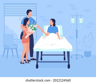 Family Support For Hospitalized Patient Flat Color Vector Illustration. Providing Help For Sick Person. Father With Daughter Visiting Mother, Wife 2D Cartoon Characters With Clinic On Background