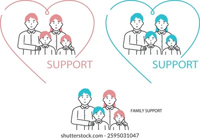 Family support illustration, family with children surrounded by heart shape line