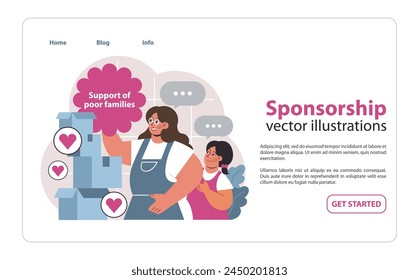 Family support initiative. Mother and child alongside stacked boxes, indicating donations. Support of poor families message radiates compassion. Generosity for those in need. Flat vector illustration