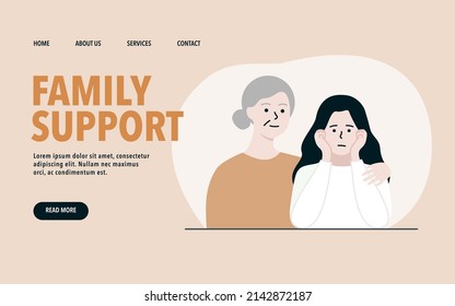 Family Support Landing Page template. Grandmother comforting and hugging sad grandchild. Communication, loving relationship, parenting, protection concept. Flat people vector  isolated illustration.