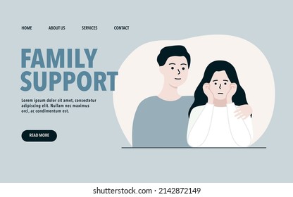 Family Support Landing Web Page template. Father comforting and hugging sad daughter. Communication, loving relationship, parenting, protection concept. Flat people vector isolated illustrations.