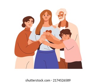 Family support, love, help concept. Happy senior parents, adult daughter and her son, portrait. Harmony in healthy bonding relationships. Flat vector illustration isolated on white background