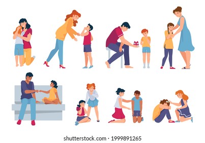 Family support. Parents and friends comforting and hugging crying kids. Adults console sad children. Sympathy for people in grief vector set. Illustration support upset people, character relationship