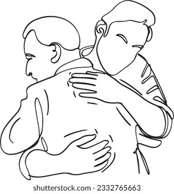 Family Support Royalty-Free Vector of Father-Son Hug in One Line, Continuous Line Vector of Young Man Hugging Elderly, Caring Connections, Family Bonding, A Hug for Comfort