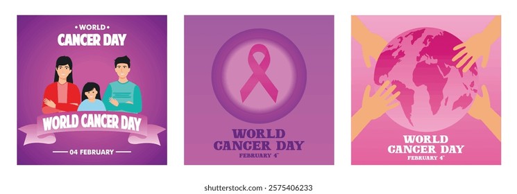 A Family With Supportive Pose. World cancer awareness day concept. Hands Holding a Pink Globe. Set flat vector modern illustration 