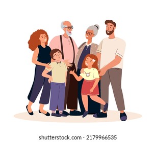 Family support,love,help concept.Happy senior parents,adult daughter and son,kids,grandchildren portrait.Harmony in healthy bonding relationships.Flat vector illustration isolated on white background