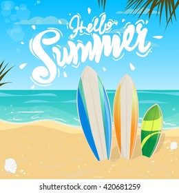 Family surfboards on the beach. Hello Summer card with lettering, vector illustration 10 EPS