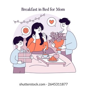 A family surprises mom with breakfast in bed on Mother's Day, showcasing love and appreciation. The scene includes gifts, flowers, and warm emotions shared in a cozy atmosphere. Vector illustration.