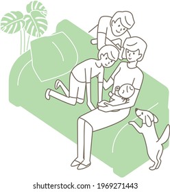 A family surrounding a baby on the sofa. Vector illustration 