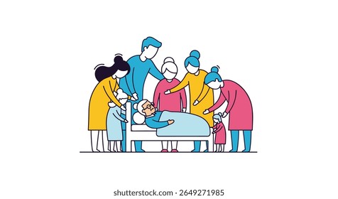 A family surrounding their elderly loved one in bed showing care and support during difficult times