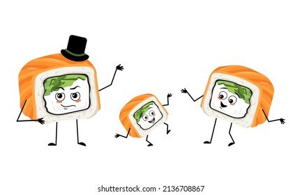 Familia de personajes de sushi con emociones felices, cara de sonrisa, ojos felices, brazos y piernas. Mamá está feliz, papá lleva sombrero y su hijo baila. Ilustración plana del vector