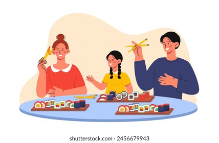 Concepto familiar de sushi. Hombre, mujer con chica sentada en la mesa con palillos cerca de rollos. Cocina asiática tradicional, y cocina. Personas con mariscos. Ilustración vectorial plana de dibujos animados