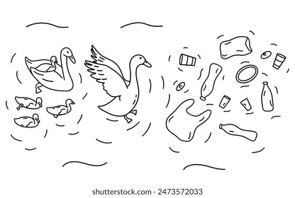 Family of swans encountered plastic floating in water. Father swan protects his family. Stop plastic concept. Black and white vector isolated illustration hand drawn. doodle. Poster or banner