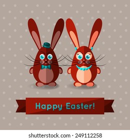 Family of sweet chocolate bunnies. Vector template with flat design. Happy Easter! 