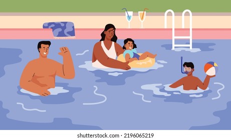 Family swim together in outdoor pool, flat vector illustration. Kids playing ball and snorkeling with mask. Summer vacation concept. Parents and children spend time together in hotel pool.