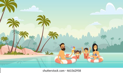 Family Swimming Holiday Sea Seaside Summer Vacation Parents With Two Children Vector Illustration