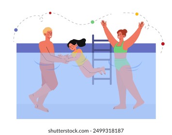 Family swimming in pool. Man and woman in swimsuits swim with their daughter. Active lifestyle and sports. Hobby and leisure, recreation. Flat vector illustration isolated on white background