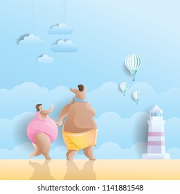 Family in swimming suit walking together with happiness holiday on the beach, Summer vacation concepts, Vector illustration in pastels color paper digital craft style