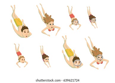 Family swimming underwater. Summer leisure. Mom, dad, daughter and son are snorkeling. Woman, man and their children are driving. Sport and activity. Isolated on white background
