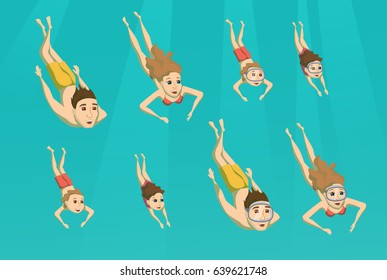 Family swimming underwater. Summer leisure. Mom, dad, daughter and son are snorkeling. Woman, man and their children are driving inpool or sea. Sport and activity.