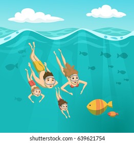 Family swimming underwater. Summer leisure. Holidays and travel in sea. Mom, dad, daughter, son are snorkeling. Woman, man and their children are driving and looking at the fish. Sport and activity