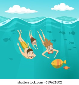 Family swimming underwater. Summer leisure. Holidays and travel in to the sea. Mom, Dad and daughter are snorkeling. Woman, man and their child are driving and looking at the fish. Sport and activity