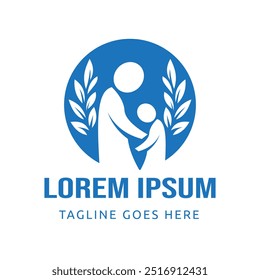 Family Symbol Design, with adults and children holding hands inside a blue circle. Surrounded by laurel leaves Vector Design Illustration