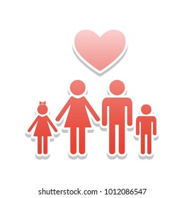 Family symbol with heart. Husband and wife are kept children's hands. Love. Vector. Reddish icon with white and gray shadow on white background. Isolated.