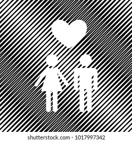 Family symbol with heart. Husband and wife are kept each other's hands. Love. Vector. Icon. Hole in moire background.