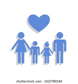 Family symbol with heart. Husband and wife are kept children's hands. Vector. Neon blue icon with cyclamen polka dots pattern with light gray shadow on white background. Isolated.