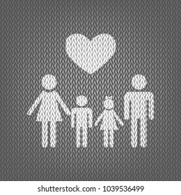 Family symbol with heart. Husband and wife are kept children's hands. Vector. White knitted icon on gray knitted background. Isolated.