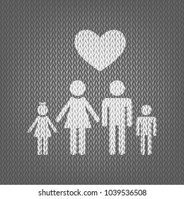 Family symbol with heart. Husband and wife are kept children's hands. Love. Vector. White knitted icon on gray knitted background. Isolated.
