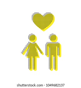 Family symbol with heart. Husband and wife are kept each other's hands. Love. Vector. Yellow icon with square pattern duplicate at white background. Isolated.