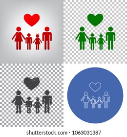 Family symbol with heart. Husband and wife are kept children's hands. Vector. 4 styles. Red gradient in radial lighted background, green flat and gray scribble icons on transparent and linear