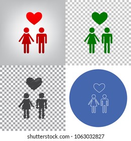 Family symbol with heart. Husband and wife are kept each other's hands. Love. Vector. 4 styles. Red gradient in radial lighted background, green flat and gray scribble icons on transparent and linear
