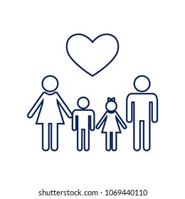 Family symbol with heart. Husband and wife are kept children's hands. Vector. Flat style black icon on white.