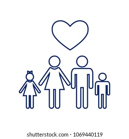 Family symbol with heart. Husband and wife are kept children's hands. Love. Vector. Flat style black icon on white.