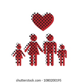 Family symbol with heart. Husband and wife are kept children's hands. Love. Vector. Brown icon with shifted black circle pattern as duplicate at white background. Isolated.