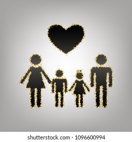 Family symbol with heart. Husband and wife are kept children's hands. Vector. Blackish icon with golden stars at grayish background.