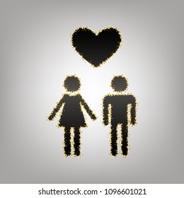 Family symbol with heart. Husband and wife are kept each other's hands. Love. Vector. Blackish icon with golden stars at grayish background.