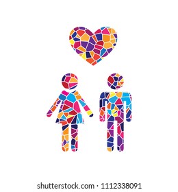 Family symbol with heart. Husband and wife are kept each other's hands. Love. Vector. Stained glass icon on white background. Colorful polygons. Isolated.