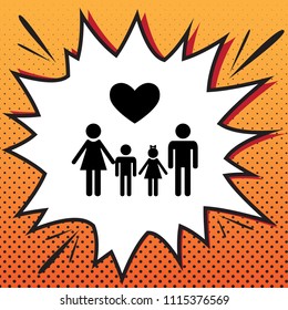 Family symbol with heart. Husband and wife are kept children's hands. Vector. Comics style icon on pop-art background.