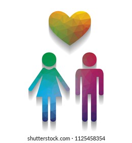 Family symbol with heart. Husband and wife are kept each other's hands. Love. Vector. Colorful icon with bright texture of mosaic with soft shadow on white background. Isolated.