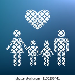 Family symbol with heart. Husband and wife are kept children's hands. Vector. White textured icon at lapis lazuli gradient background.