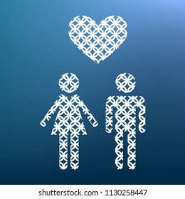 Family symbol with heart. Husband and wife are kept each other's hands. Love. Vector. White textured icon at lapis lazuli gradient background.