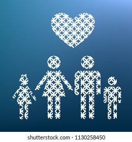 Family symbol with heart. Husband and wife are kept children's hands. Love. Vector. White textured icon at lapis lazuli gradient background.