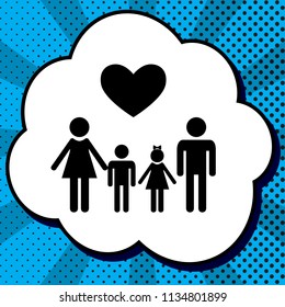 Family symbol with heart. Husband and wife are kept children's hands. Vector. Black icon in bubble on blue pop-art background with rays.