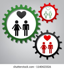 Family symbol with heart. Husband and wife are kept each other's hands. Love. Vector. Three connected gears with icons at grayish background.